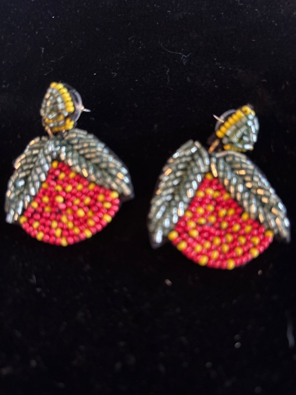 Beaded Red Fruit Drop Earrings with Green Leaves